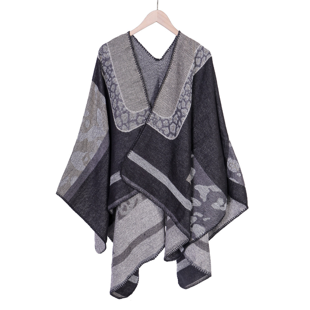 Damen Jacquard-Wollmix Ruana-Poncho mit V-Ausschnitt und Ziernaht Shop Nory