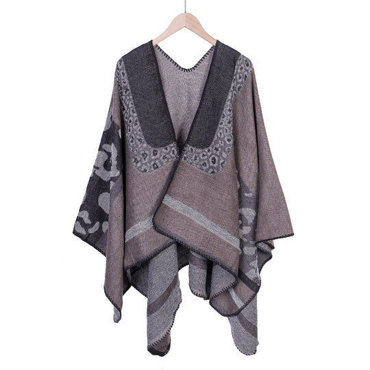 Damen Jacquard-Wollmix Ruana-Poncho mit V-Ausschnitt und Ziernaht Shop Nory
