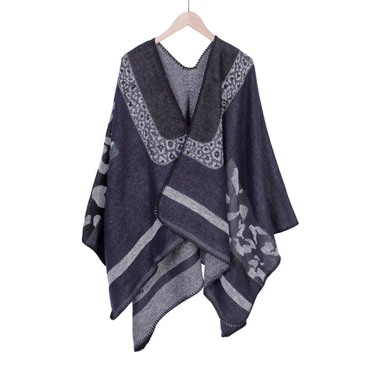 Damen Jacquard-Wollmix Ruana-Poncho mit V-Ausschnitt und Ziernaht Shop Nory