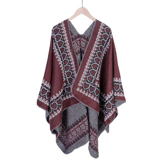 Damen Ruana im Kaschmir‑Touch mit Herz‑Jacquard und offenem V‑Fall Shop Nory
