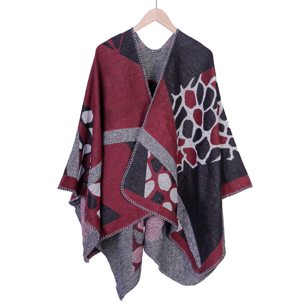 Damen Ruana-Überwurf mit geometrisch-animalischem Jacquard und Ziernaht Shop Nory