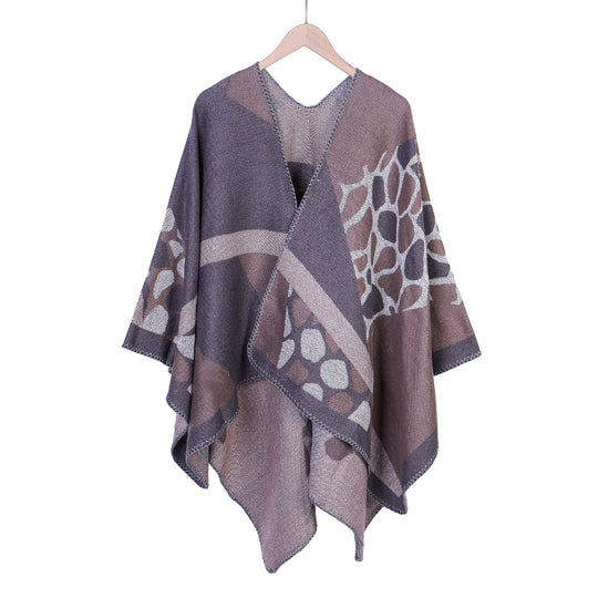 Damen Ruana-Überwurf mit geometrisch-animalischem Jacquard und Ziernaht Shop Nory