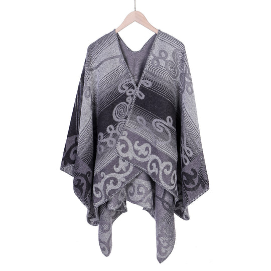 Damen Jacquard‑Ruana‑Poncho aus Wollmix mit asymmetrischem Zipfelsaum Shop Nory