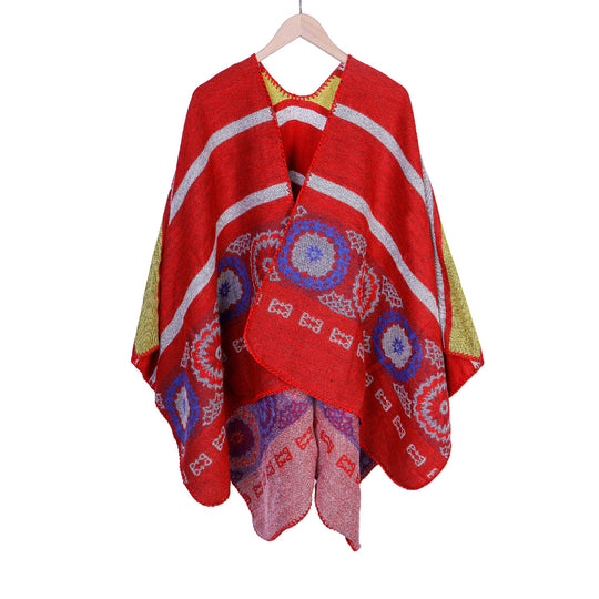 Damen Oversize-Ruana-Poncho mit V-Ausschnitt und ornamentaler Jacquard-Webung Shop Nory