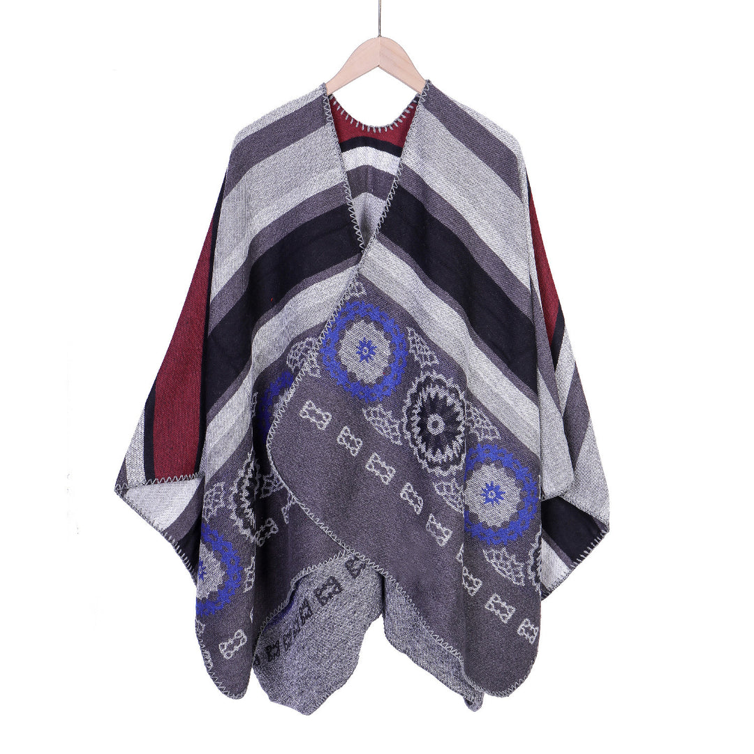 Damen Oversize-Ruana-Poncho mit V-Ausschnitt und ornamentaler Jacquard-Webung Shop Nory