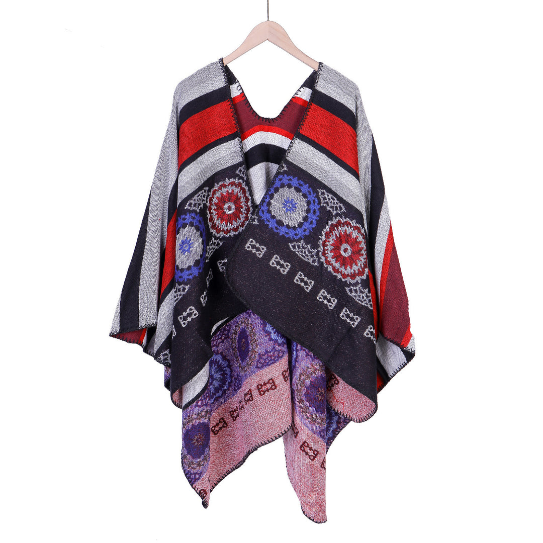 Damen Oversize-Ruana-Poncho mit V-Ausschnitt und ornamentaler Jacquard-Webung Shop Nory