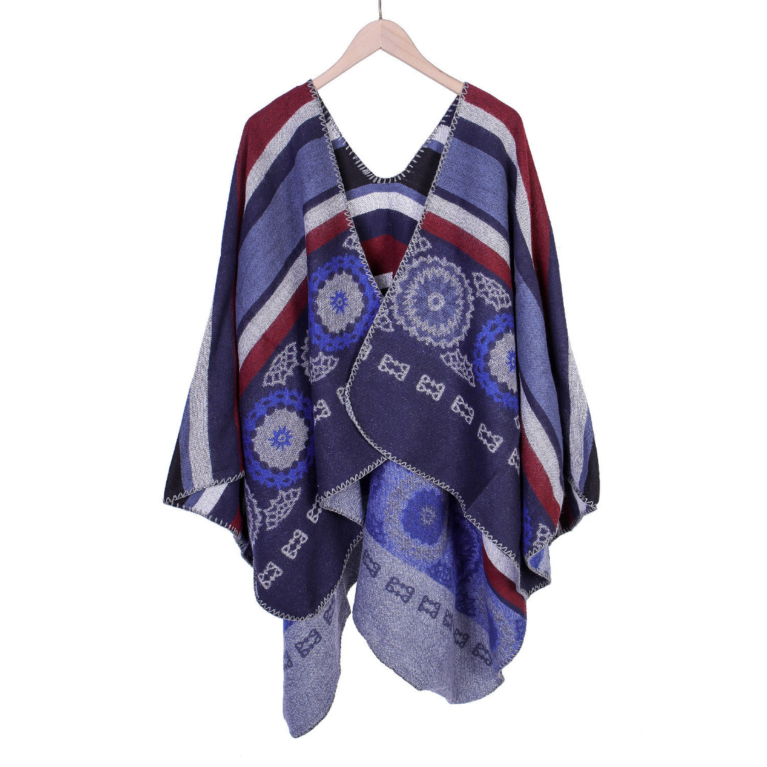 Damen Oversize-Ruana-Poncho mit V-Ausschnitt und ornamentaler Jacquard-Webung Shop Nory