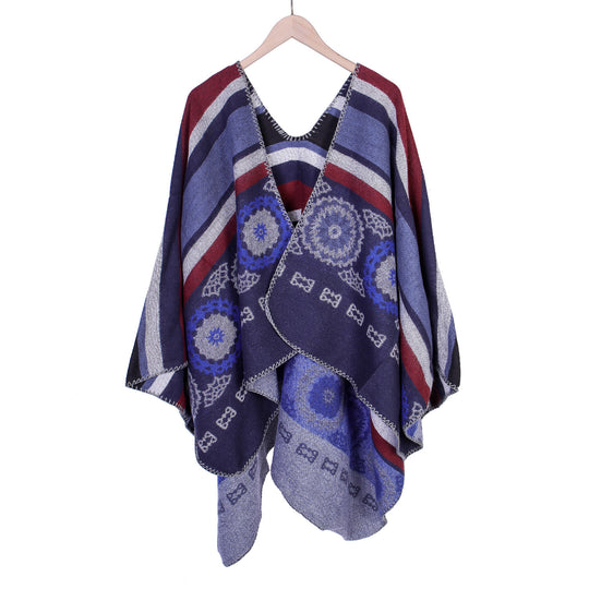 Damen Oversize-Ruana-Poncho mit V-Ausschnitt und ornamentaler Jacquard-Webung Shop Nory