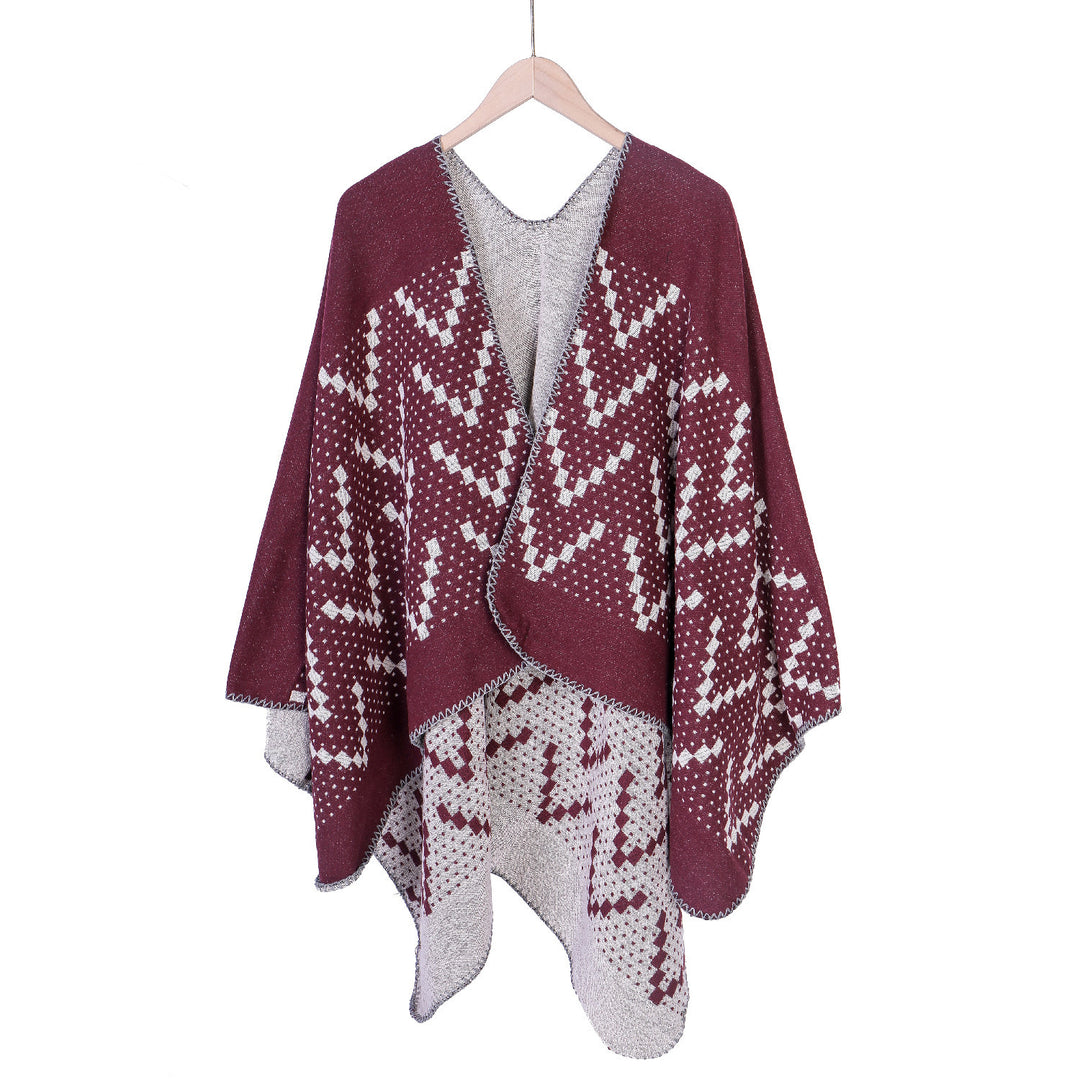 Damen Jacquard-Wickelruana mit geometrischem Muster und offener Kimono‑Silhouette Shop Nory