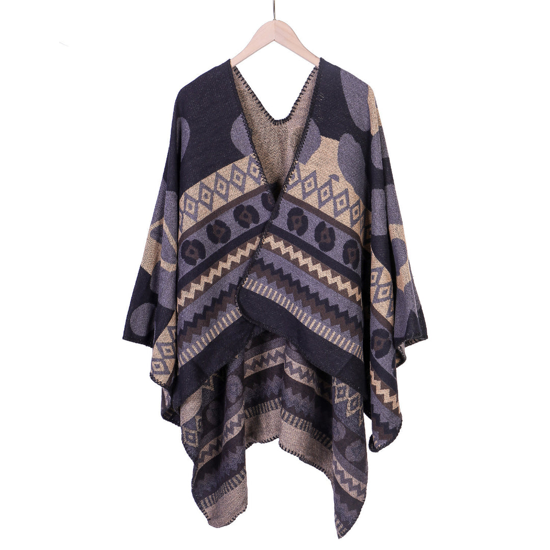 Damen Jacquard-Ruana‑Poncho mit Ethno‑Jacquard und offenem Oversize‑Fall Shop Nory