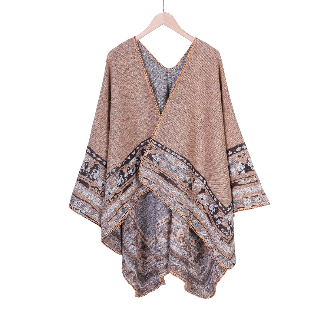 Damen Weichfallende Oversize-Ruana im Umhangstil mit ornamentaler Bordüre Shop Nory