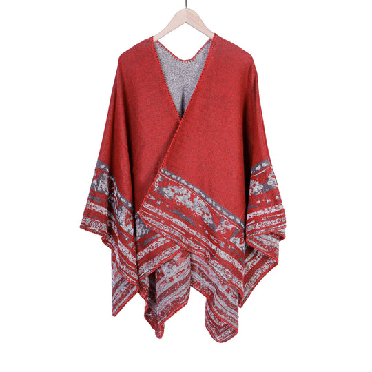 Damen Weichfallende Oversize-Ruana im Umhangstil mit ornamentaler Bordüre Shop Nory