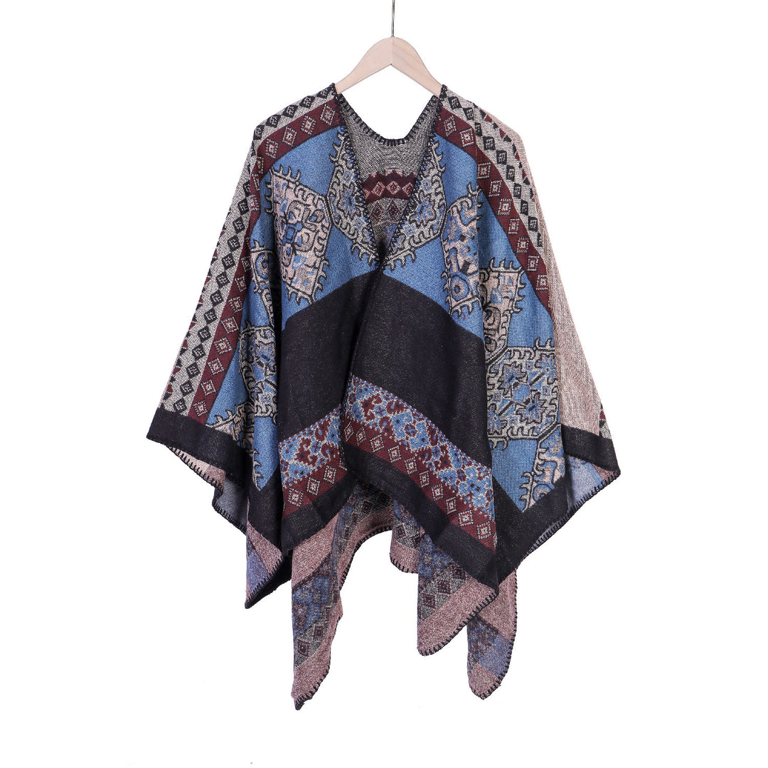 Damen Oversize-Ruana-Poncho aus Jacquardgewebe mit asymmetrischem Zipfelrand und ornamentaler Bordüre Shop Nory