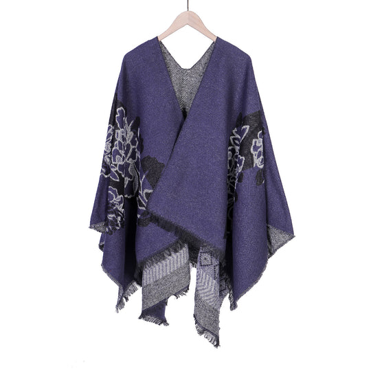 Damen Jacquard‑Ruana mit floralem Motiv, doppellagig und Fransensaum Shop Nory