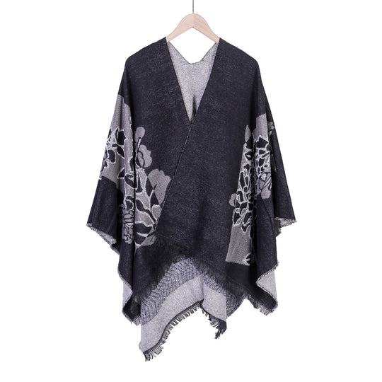 Damen Jacquard‑Ruana mit floralem Motiv, doppellagig und Fransensaum Shop Nory