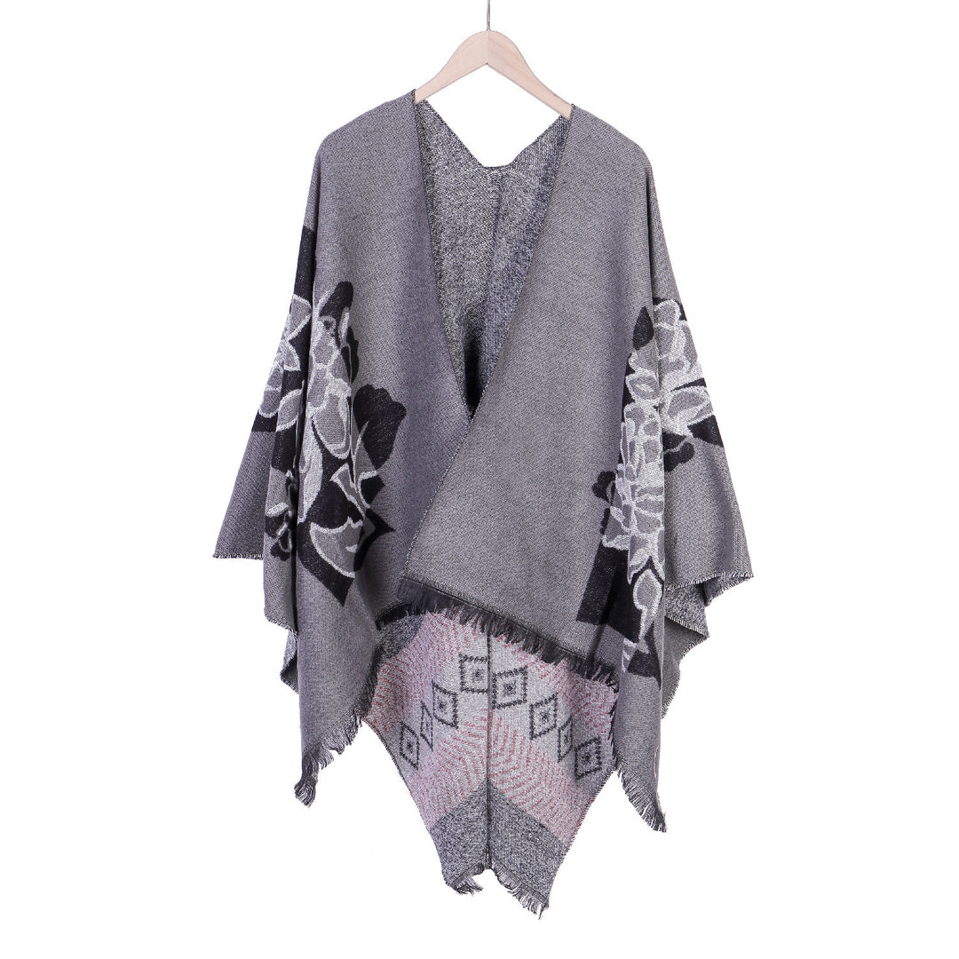 Damen Jacquard‑Ruana mit floralem Motiv, doppellagig und Fransensaum Shop Nory