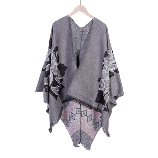 Damen Jacquard‑Ruana mit floralem Motiv, doppellagig und Fransensaum Shop Nory