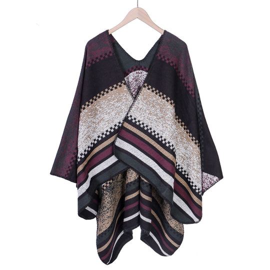 Damen Jacquard-Ruana Poncho im Oversize mit grafischem Streifen- und Ornamentmuster Shop Nory