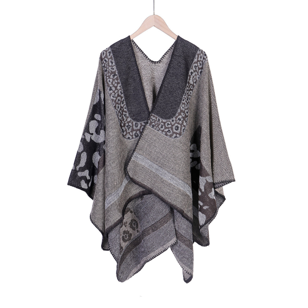 Damen Jacquard-Wollmix Ruana-Poncho mit V-Ausschnitt und Ziernaht Shop Nory