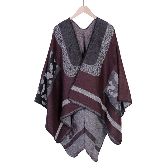 Damen Jacquard-Wollmix Ruana-Poncho mit V-Ausschnitt und Ziernaht Shop Nory