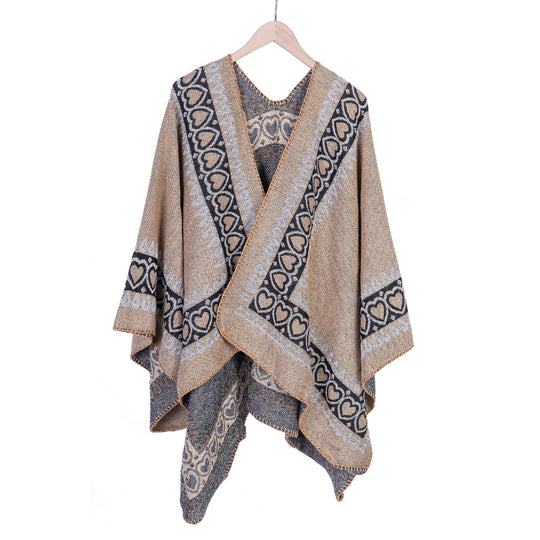 Damen Ruana im Kaschmir‑Touch mit Herz‑Jacquard und offenem V‑Fall Shop Nory