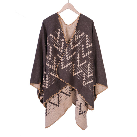 Damen Jacquard-Wickelruana mit geometrischem Muster und offener Kimono‑Silhouette Shop Nory