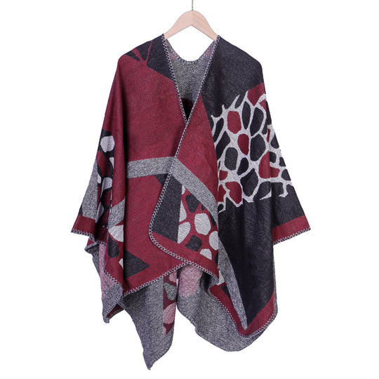 Damen Ruana-Überwurf mit geometrisch-animalischem Jacquard und Ziernaht Shop Nory