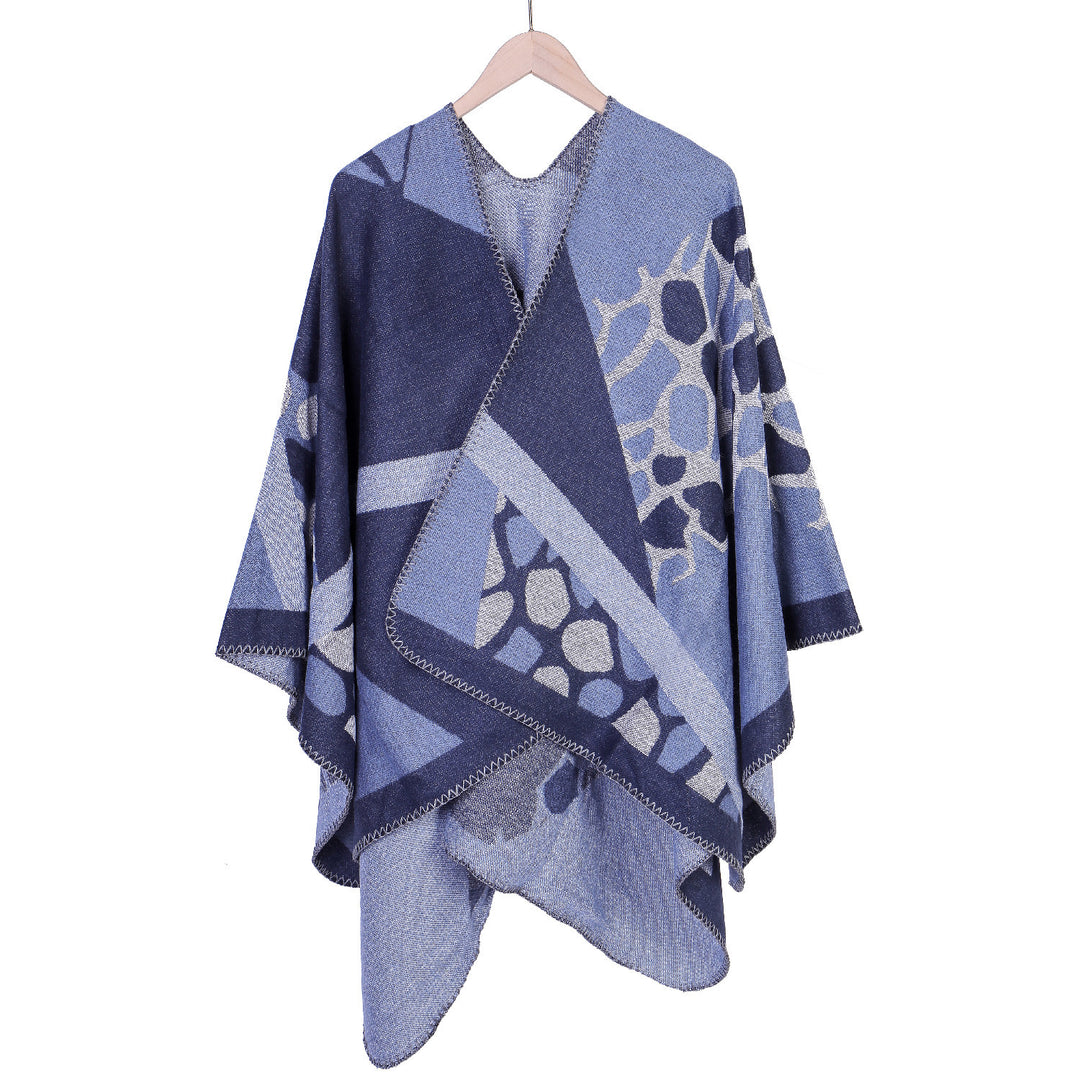 Damen Ruana-Überwurf mit geometrisch-animalischem Jacquard und Ziernaht Shop Nory