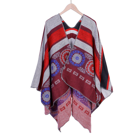 Damen Oversize-Ruana-Poncho mit V-Ausschnitt und ornamentaler Jacquard-Webung Shop Nory