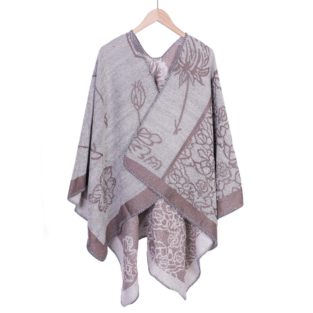 Damen Jacquard-Ruana-Poncho mit V-Ausschnitt und großen floralen & ethnischen Motiven Shop Nory