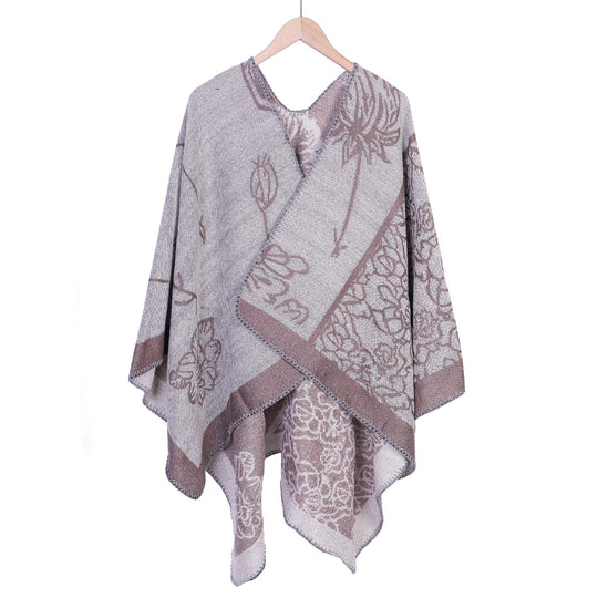 Damen Jacquard-Ruana-Poncho mit V-Ausschnitt und großen floralen & ethnischen Motiven Shop Nory