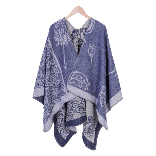 Damen Jacquard-Ruana-Poncho mit V-Ausschnitt und großen floralen & ethnischen Motiven Shop Nory