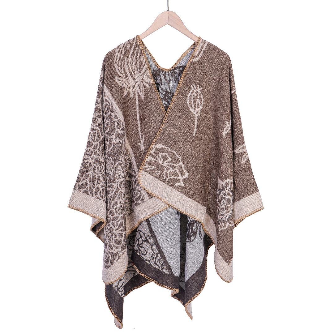 Damen Jacquard-Ruana-Poncho mit V-Ausschnitt und großen floralen & ethnischen Motiven Shop Nory