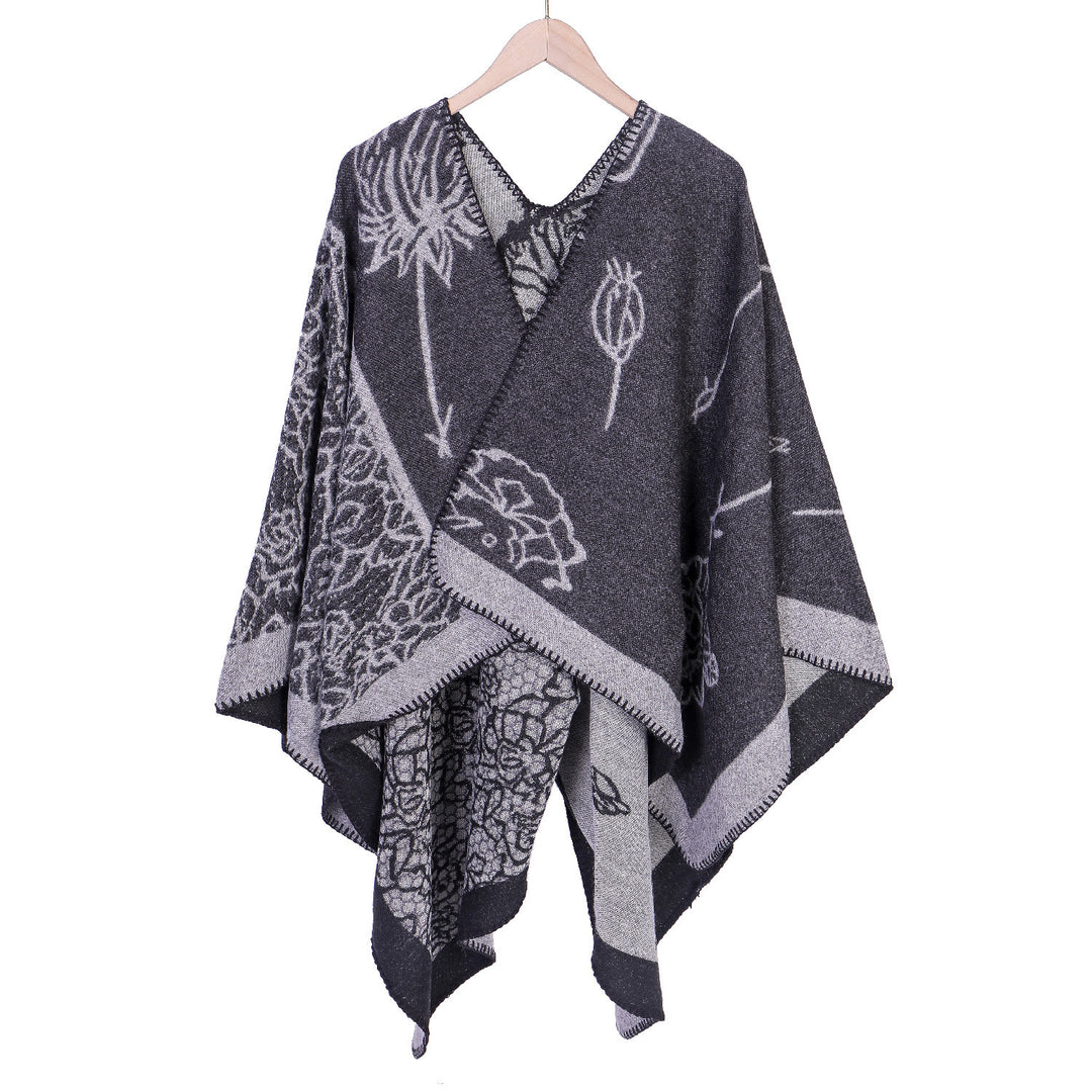 Damen Jacquard-Ruana-Poncho mit V-Ausschnitt und großen floralen & ethnischen Motiven Shop Nory