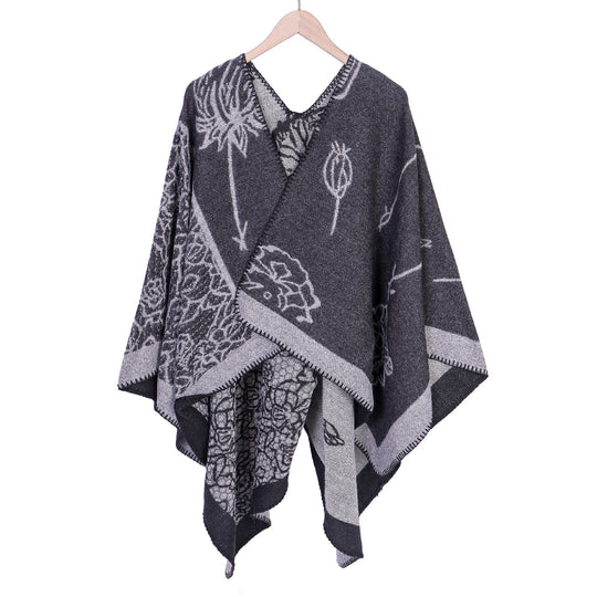 Damen Jacquard-Ruana-Poncho mit V-Ausschnitt und großen floralen & ethnischen Motiven Shop Nory