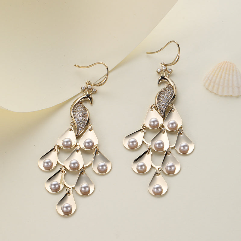 Weiße Perlen-Pfau-Stil Vogelohrringe | Shop Nory
