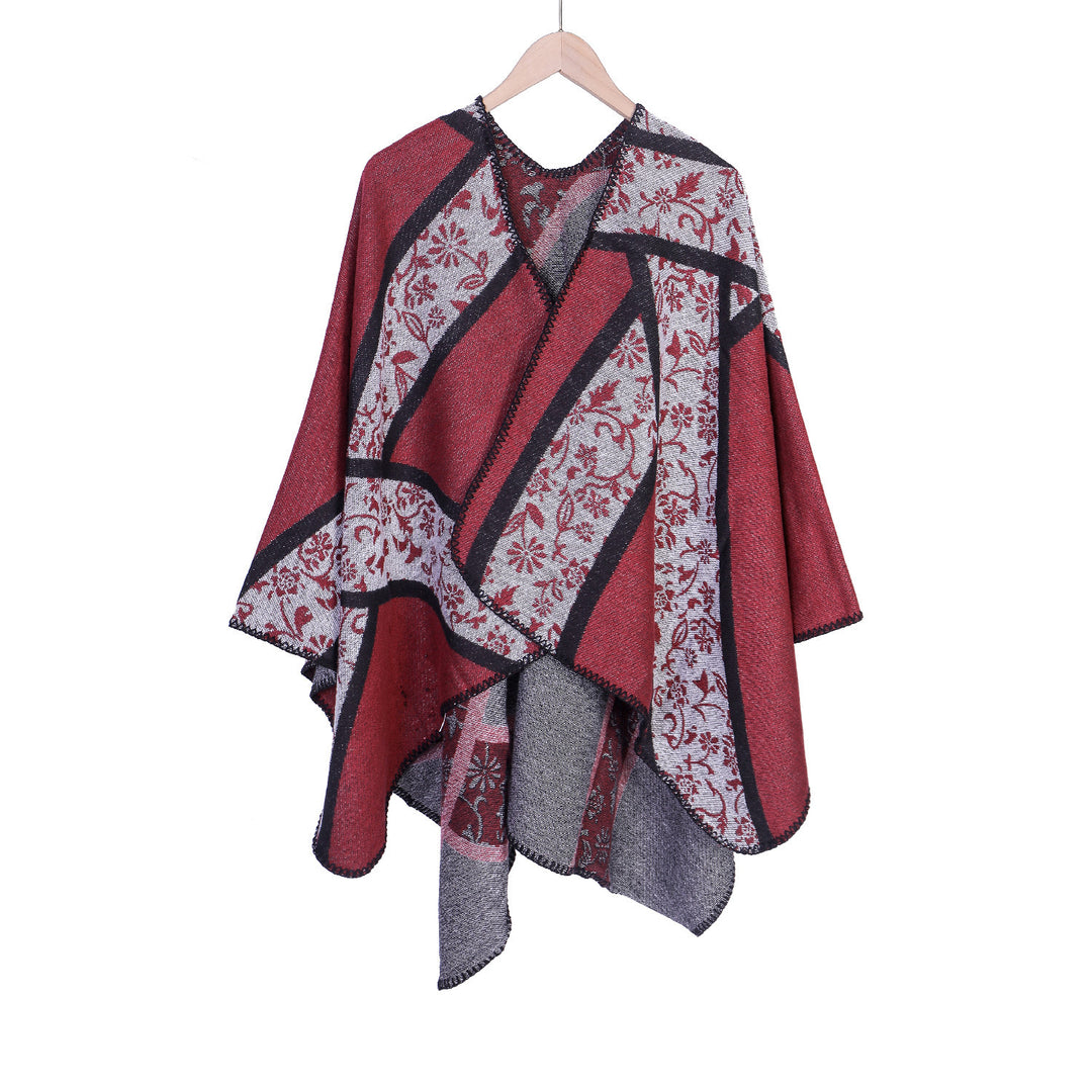 Damen Jacquard-Umhangponcho mit floraler Intarsie und offener Ruana-Silhouette Shop Nory