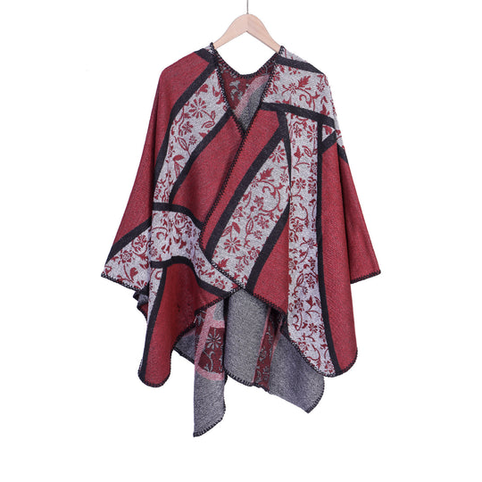 Damen Jacquard-Umhangponcho mit floraler Intarsie und offener Ruana-Silhouette Shop Nory