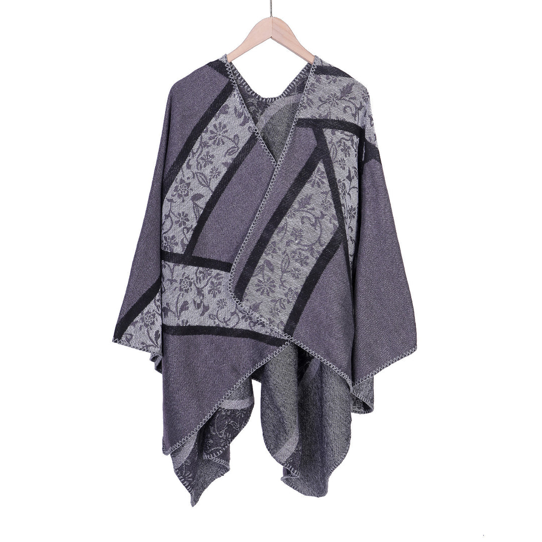 Damen Jacquard-Umhangponcho mit floraler Intarsie und offener Ruana-Silhouette Shop Nory