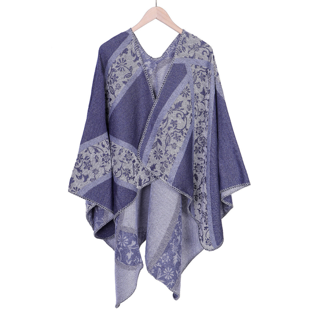 Damen Jacquard-Umhangponcho mit floraler Intarsie und offener Ruana-Silhouette Shop Nory