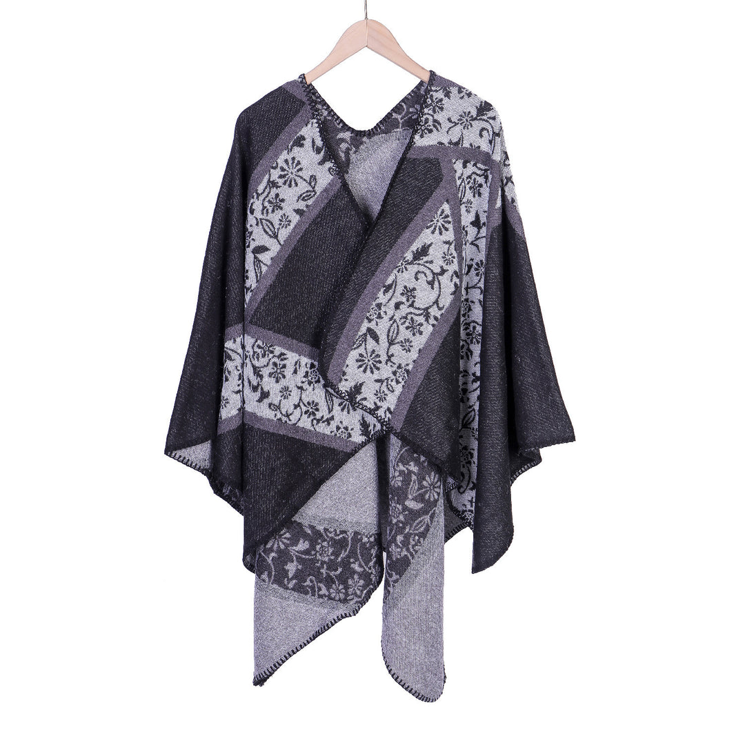 Damen Jacquard-Umhangponcho mit floraler Intarsie und offener Ruana-Silhouette Shop Nory