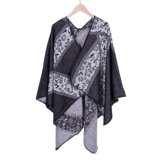 Damen Jacquard-Umhangponcho mit floraler Intarsie und offener Ruana-Silhouette Shop Nory
