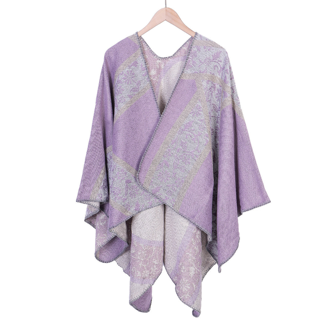 Damen Jacquard-Umhangponcho mit floraler Intarsie und offener Ruana-Silhouette Shop Nory