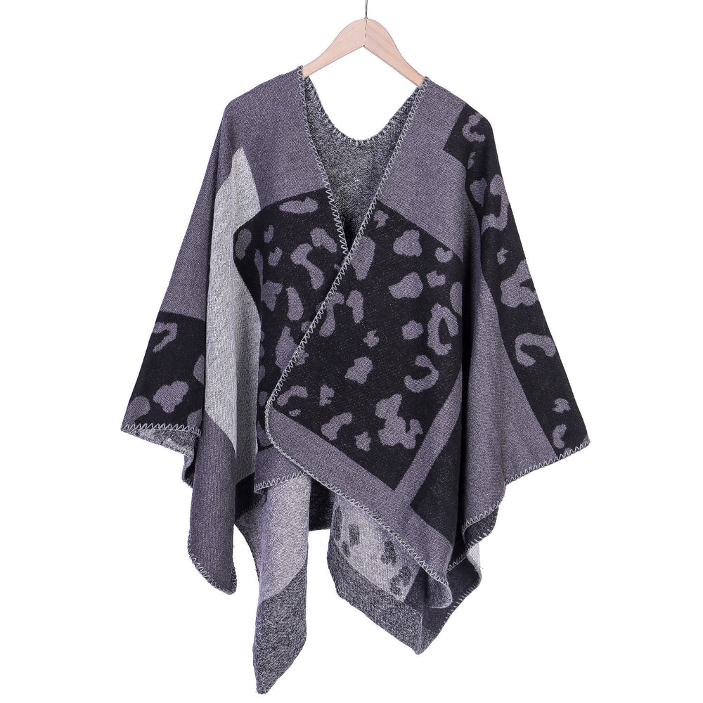 Damen Oversize-Ruana-Poncho aus Wollmix mit Jacquard-Leopardenmuster und offener Vorderseite Shop Nory