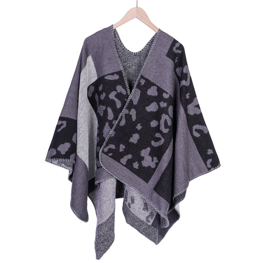 Damen Oversize-Ruana-Poncho aus Wollmix mit Jacquard-Leopardenmuster und offener Vorderseite Shop Nory