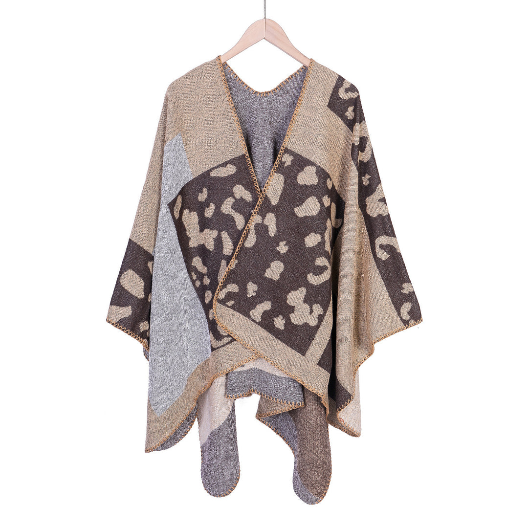Damen Oversize-Ruana-Poncho aus Wollmix mit Jacquard-Leopardenmuster und offener Vorderseite Shop Nory