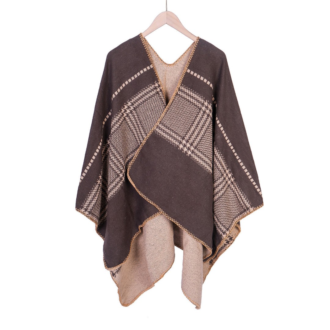 Damen Jacquard-Wollmix-Ruana mit offenem Kimono-Fall und dekorativer Kettelnaht Shop Nory