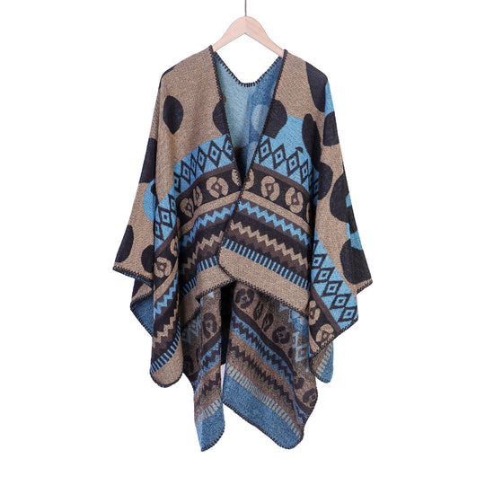 Damen Jacquard-Ruana‑Poncho mit Ethno‑Jacquard und offenem Oversize‑Fall Shop Nory