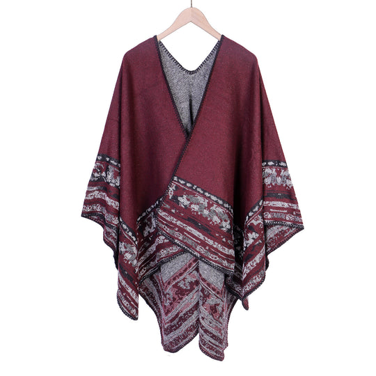 Damen Weichfallende Oversize-Ruana im Umhangstil mit ornamentaler Bordüre Shop Nory