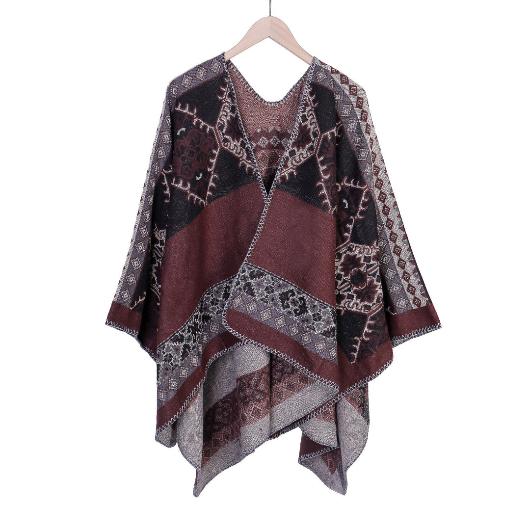 Damen Oversize-Ruana-Poncho aus Jacquardgewebe mit asymmetrischem Zipfelrand und ornamentaler Bordüre Shop Nory